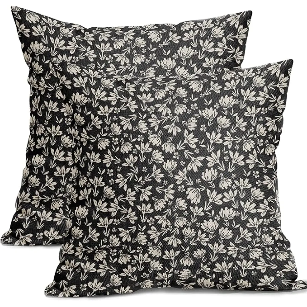 Kawani Vintage Floral Pillow Covers 18x18 Set of 2 Black and Cream Rustic Flower Block Print Outdoor Decorative Throw Pillows Farmhouse Pillowcases for Couch Home Decor