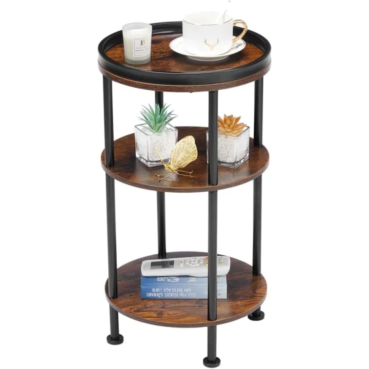 Small Round Side Table with Charging Station for Small Spaces, 3-Tier Round Accent Table with USB Ports & Power Outlets, Corner Table Sofa End Table for Living Room Bedroom (USB Charger, Rustic Brown)