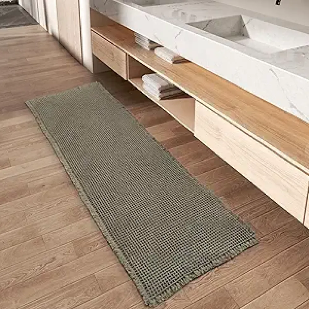 Upgraded Waffle Runner Rug Super Absorbent Non Slip Bath Mats for Bathroom Floor, Machine Washable Bathroom Runner Rug with Tassels, Ideal for Hallway Bedroom Laundry Room, Green, 2' x 6'(24" x 72")