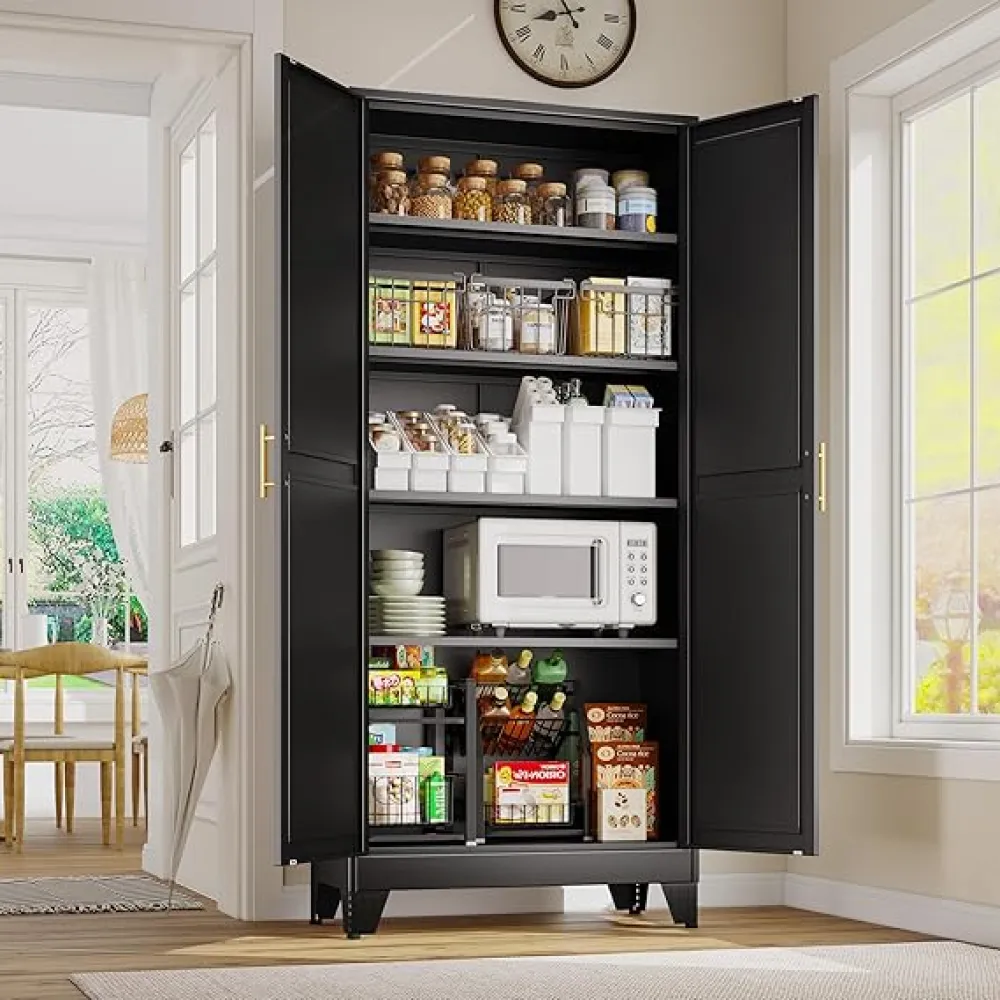 61.02" Kitchen Pantry Cabinet, Pantry Storage Cabinet with 2 Doors and Adjustable Shelves, Black Food Storage for Kitchen, Living Room, Bedroom and Dining Room (Black) Metal Sideboard