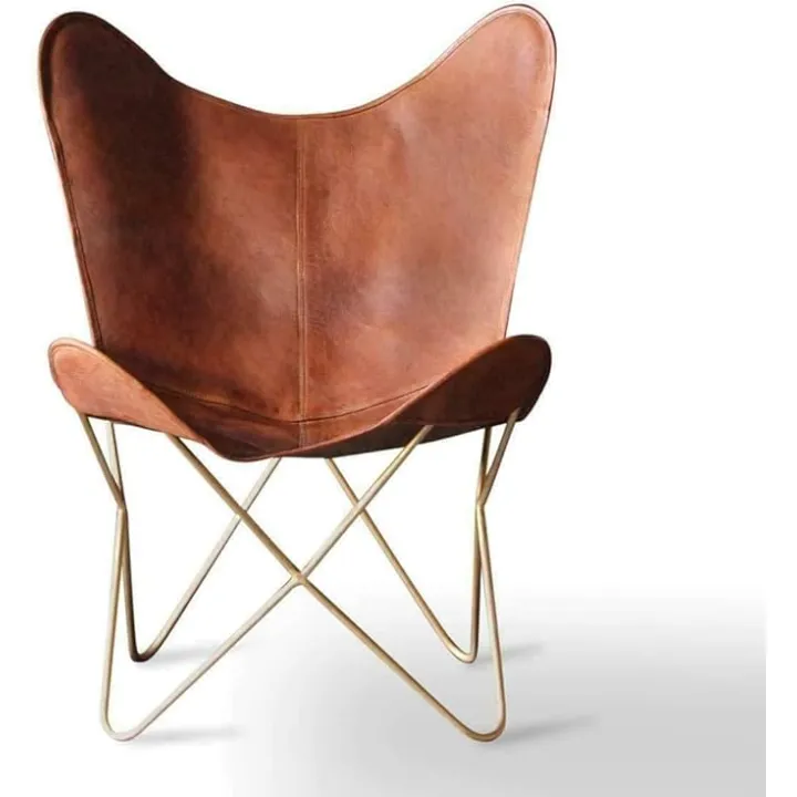 Leather Butterfly Chair || Butterfly Leather Chair || Leather Living Room Chairs || Brown Leather Butterfly Chair Cover with Powder Coated Iron Frame (Cover with Golden Leg Frame)