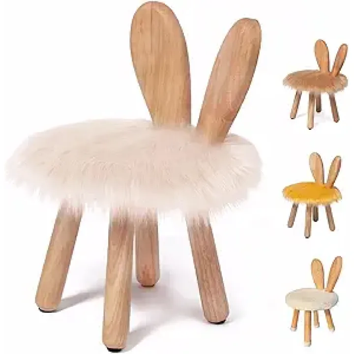 Bunny Chair for Kids 1-4 Years, Wooden Base with Removable Cushion,Anti-Tip Toddler Stool,Baby Nursery Decor Gift,Rabbit Design（1pack/Pearl White）