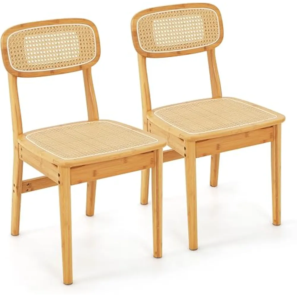 Giantex Rattan Dining Chairs Set of 2, Boho Cane Kitchen Chairs, Max Load 300 Lbs, Bamboo Armless Dining Room Chairs