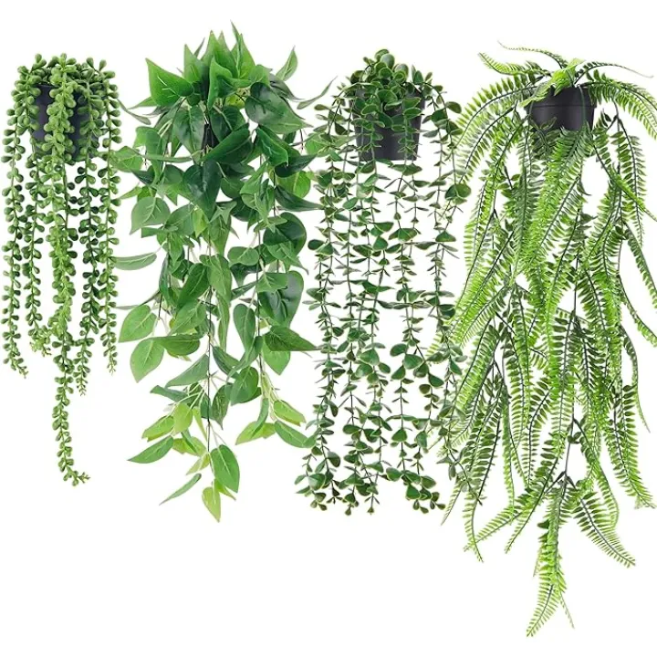 Der Rose 4Pcs Fake Plants Hanging Artificial Ivy Vine Faux Eucalyptus Hanging Plants, Boston Fern, String of Pearls for Home Boho Wall Shelf Indoor Outdoor Decor