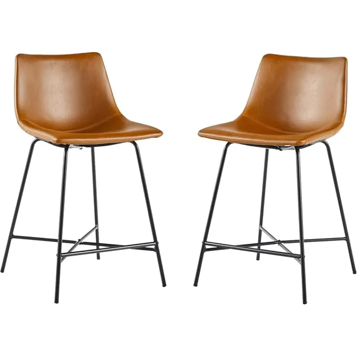 Walker Edison Xuma Modern Faux Leather Armless Low Back Counter Stool, Set of 2, Whiskey Brown
