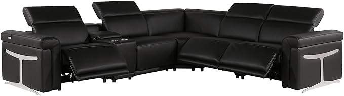 Blackjack Furniture Riccardo 6-Piece Top Grain Italian Leather Sectional Sofa with 3 Power Reclining Couch Seats, USB & Wireless Chargers, Headrests, Cup Holder, and Console Storage, Black