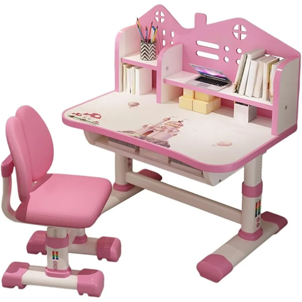Small Standing Desk and Chair Set - Widened Desktop With Multi Separation Cartoon Pattern, Kids Adjustable Height Study Table With Drawer (Pink)