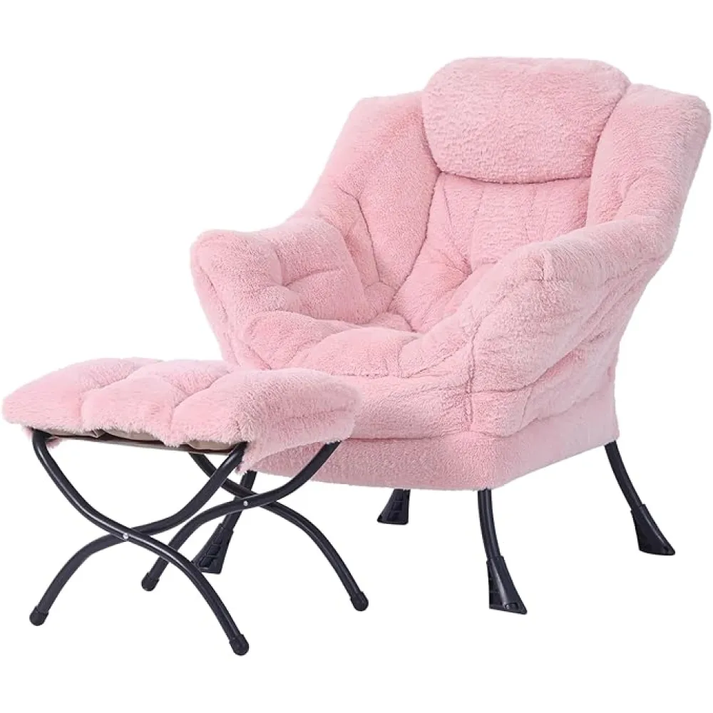 Welnow Lazy Chair with Ottoman, Modern Lounge Accent Chair with Armrests and a Side Pocket, Leisure Sofa Armchair Set, Reading Armchair with Footrest for Small Space, Plush Pink