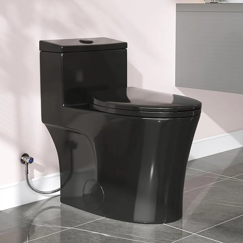 HOROW T0338WB Elongated One Piece Toilet Black, Compact Modern Toilet with Comfortable Seat Height, ADA Chair Height 17.3", Power Dual Flush 0.8/1.28 GPF & MAP 1000g, Matte Black, 12" Rough-in