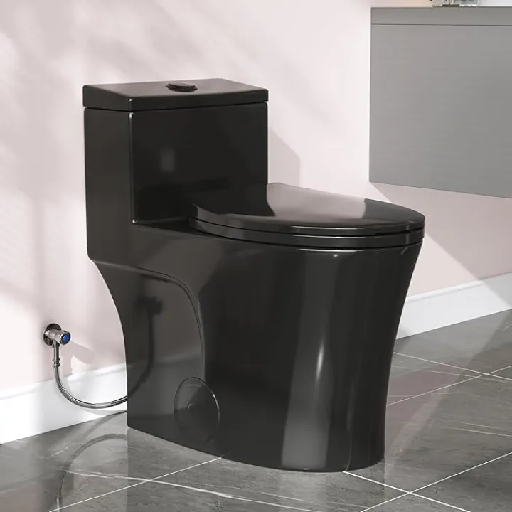 HOROW T0338WB Elongated One Piece Toilet Black, Compact Modern Toilet with Comfortable Seat Height, ADA Chair Height 17.3", Power Dual Flush 0.8/1.28 GPF & MAP 1000g, Matte Black, 12" Rough-in