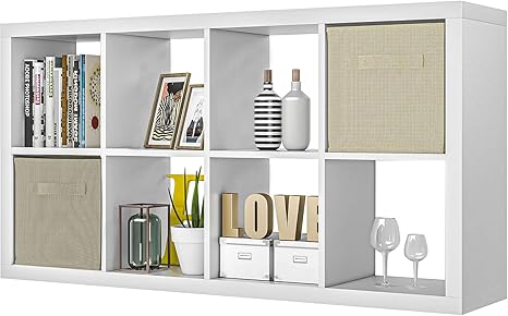 Bookshelf with Storage Bins, 8-Cube Storage Organizer with Back Panels, Modern Wood Open Bookcase, Multifunctional Display Shelf for Living Room, Bedroom, Home Office, White