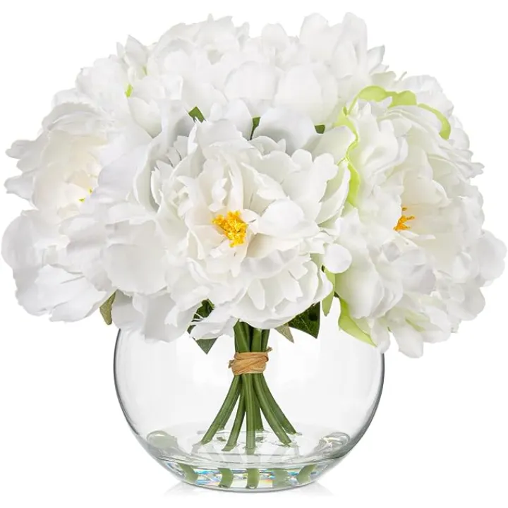 Fake Flowers in Vase White Peonies Artificial Flowers Real Touch Faux Flowers Large Peony Silk Flower Arrangements with Glass Vase with Faux Water for Home Decor Office Table Centerpiece Decorations