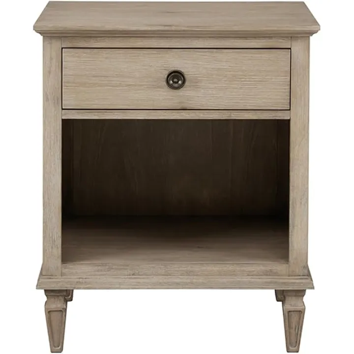 Ergode French-Inspired Nightstand with Rustic Birch Veneer Finish, Easy Glide Drawer, Display Shelf, and Antique Silver Decorative Pulls