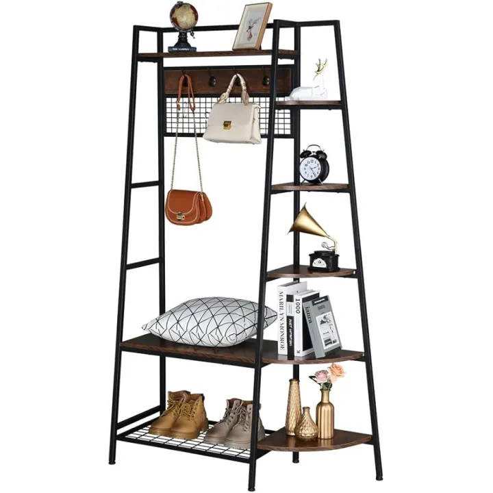 Rustic Versatile Hall Tree with 5 Metal Hooks, Coat Rack Stand with Side Book Shelves, Entryway Shoe Bench with Coat Rack, Bookcase and Bookshelf, Shoe Rack Storage Bench