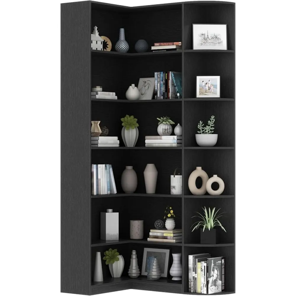 Loomie Black Book Shelf, 6 Tiers Shelf Large Tall Corner Etagere Bookcase with Full Baffle, L-Shaped Modern Storage Display Industrial Bookshelves for Bedroom, Home Office, Living Room & Kitchen,Black