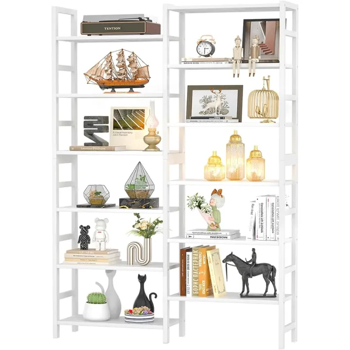 Homykic Double Wide Bamboo Bookshelf White, 6-Tier Large Open Bookcase with 12 Display Shelves, 6ft Tall Freestanding Book Shelf for Home Office, Bedroom, Living Room, Plants