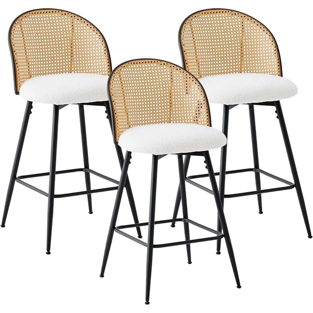 Swivel Counter Height Bar Stools Set of 3, Mid Century Modern 26" Bar Chairs with Rattan Back & Metal Legs, Upholstered Boucle Fabric Barstools Island Stools for Kitchen Counter Home Bar,White