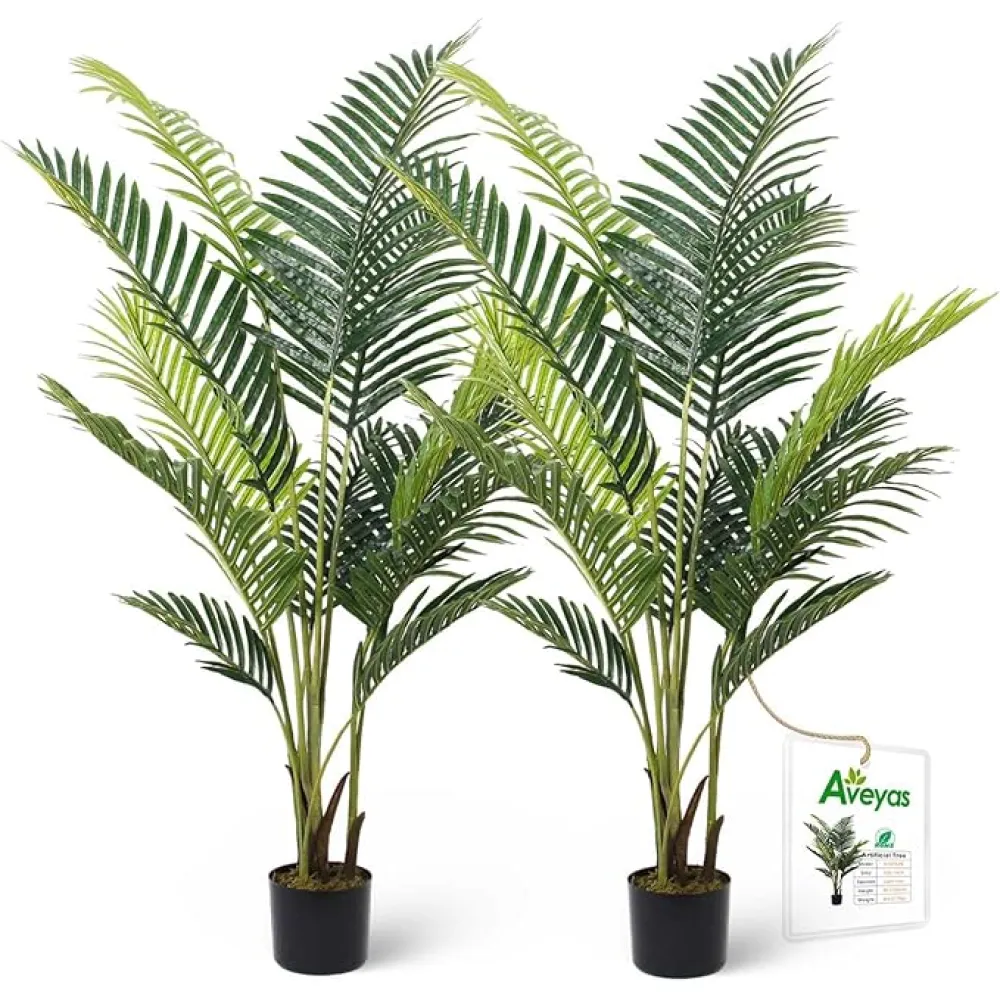 Aveyas 5ft Artificial Palm Tree for Home Decor, 5 Feet Faux Plant Fake Silk Tropical Kentia Areca Trees with Pot for Indoor Outdoor House Living Room Office Porch Garden (5 ft Tall) - Set of 2 Pack