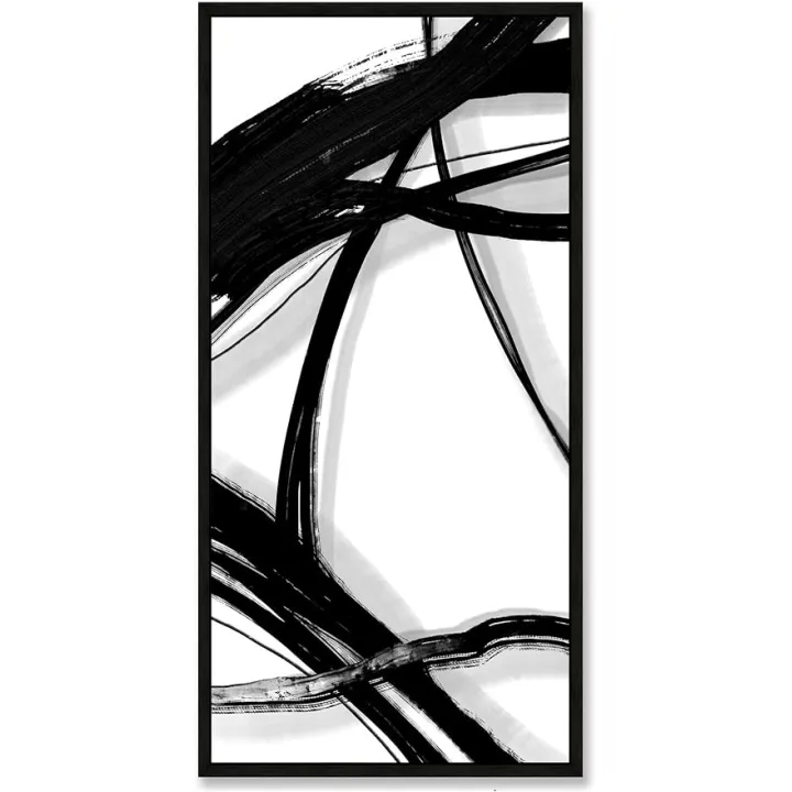 Sofoney - Black Framed Black and White Abstract Canvas Wall Art with Hand Painted Texture, Large Black Brushstrokes Oil Painting Vertical Wall Decor for Living Room Bedroom - 40"x20"