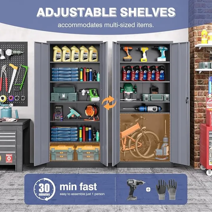 Metal Garage Storage Cabinet,71" H Tall Tool Cabinet with 2 Doors and 5 Adjustbale Shelves,Lockable Tool Cabinet for Garage,Basement,Home Office