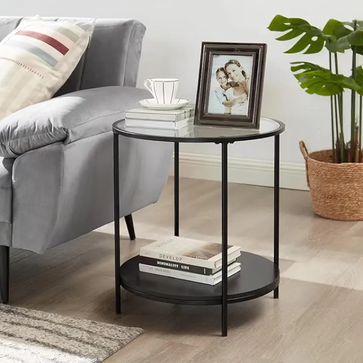 CAWS Modern Industrial Round End Table with Metal Frame - Sturdy, Stylish, and Waterproof - Perfect for Living Room, Bedroom, Office - Black Color Provided
