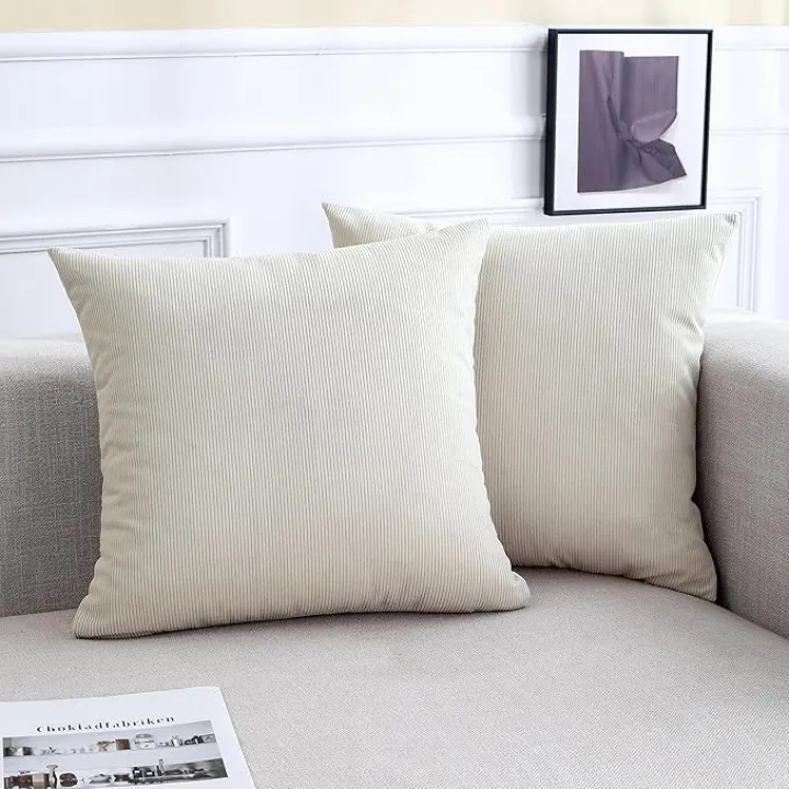 Jepeak Pack of 2 Corduroy Decorative Throw Pillow Covers 22x22 Inch Striped Square Cushion Covers Farmhouse Soft Pillow Cases for Couch Sofa Bed Home Decor, Beige
