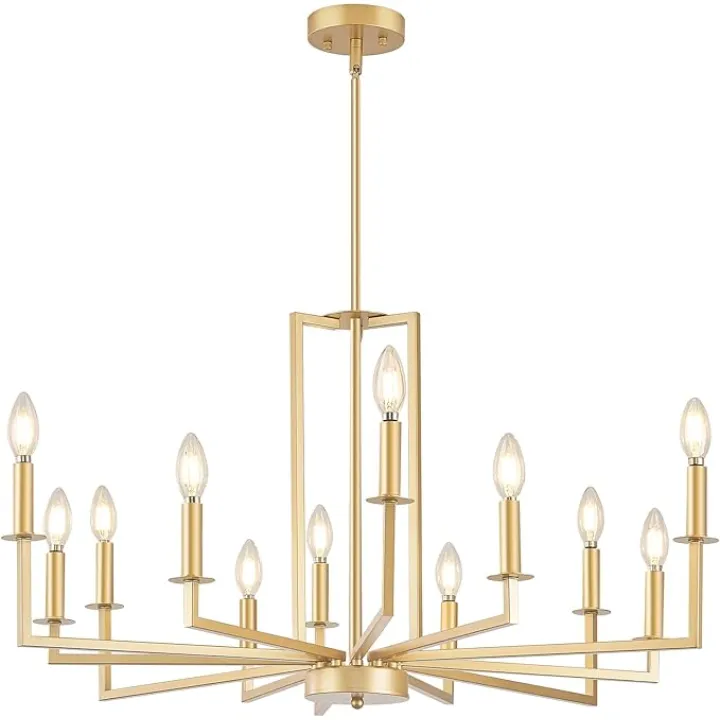 Modern Gold Chandelier, Farmhouse Candle Dining Room Chandeliers, Metal Hanging Pendant Light Fixture for Kitchen, Foyer, Bedroom, Living Room, Staircase, Entryway, 12-Light