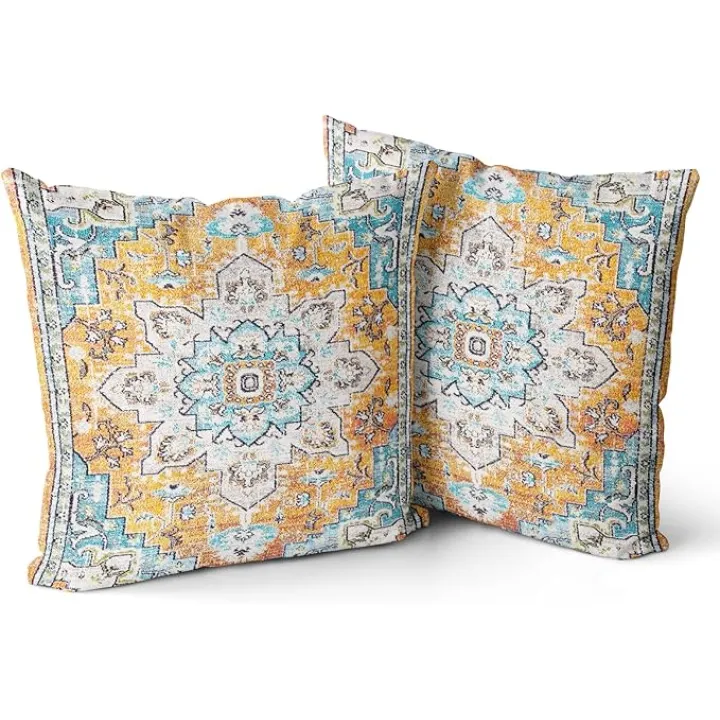 Snycler Boho Throw Pillow Covers 18x18 inch Set of 2 Boho Rug Carpet Double Sided Pattern Short Plush Cotton Soft Pillow Case Cushion Cover Pillowcase for Couch Sofa Bed Decorative (Yellow)
