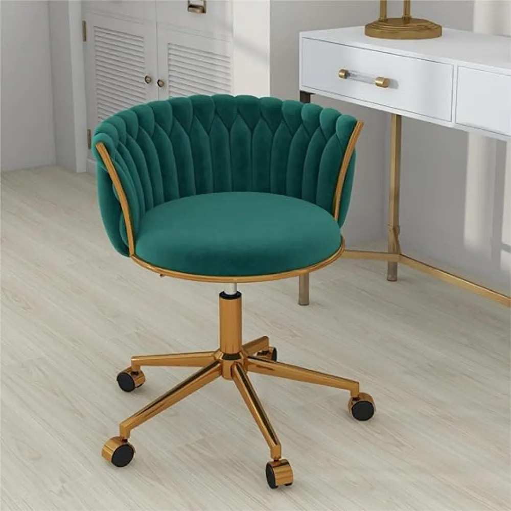 ABET Vanity Chair with Wheels, Small Velvet Office Desk Chair, Hand Woven Semi-Circle Makeup Stools for Girls Women Bedroom Nail Table, 360° Swivel & Height Adjustable Gold Base Armchair, Green