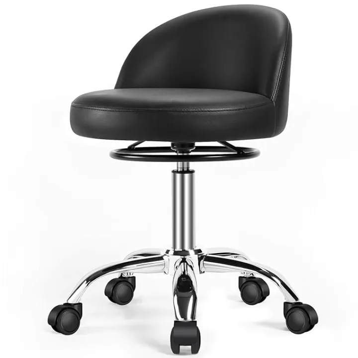 Adjustable Rolling Stool with Back - 300LBS Weight Capacity，Swivel Stool with Wheels，Comfortable Cutting Stools for Hairdressers Tattoo Office Massage (Black)