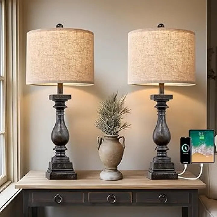BOBOMOMO 27" Farmhouse Table Lamp Set of 2 with USB A+C for Bedroom Living Room Vintage Rustic Traditional Nightstand Bedside Lamps Retro Side Table Lamps (Black)