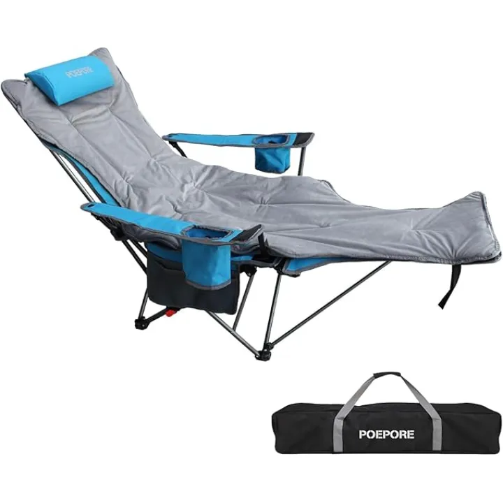 Reclining Camping Chair with Removable Footrest Lounge Chair with Headrest, Cotton Cushion, Portable Adjustable Folding Chairs