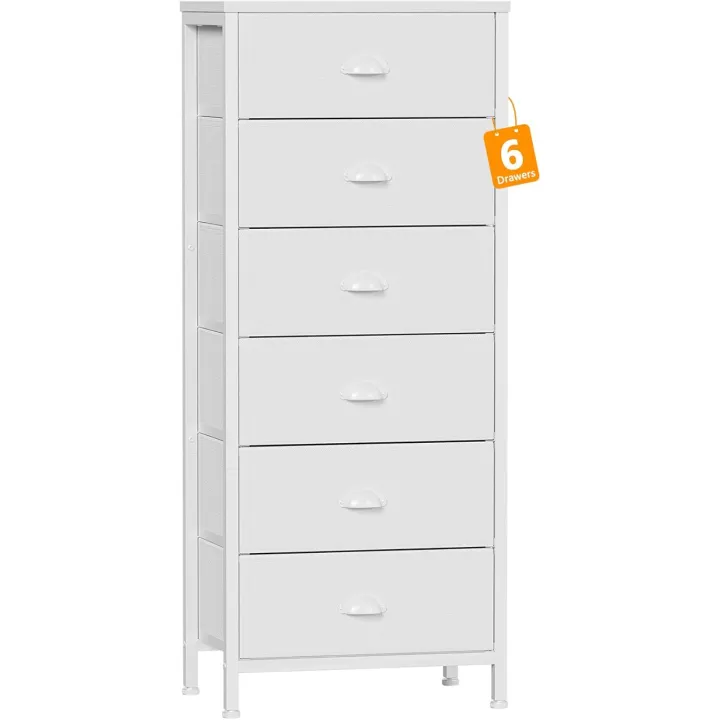 Furnulem White Tall Dresser for Bedroom,Vertical Storage Tower Unit and End Table with 6 Drawers, Nightstand Furniture with Fabric Drawer Organizer in Living Room,Closet,Entryway,Hallyway