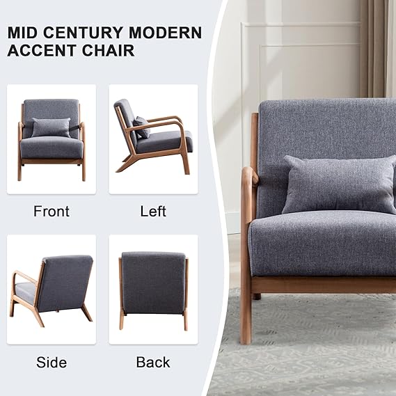 ANJ Modern Arm Chairs Set of 2, Mid-Century Modern Accent Chair Upholstered Lounge Chair with Pillow and Solid Wood Frame, Comfy Lambswool Chairs for Living Room