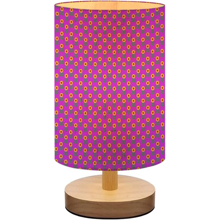 Bedside Lamp for Bedroom, Sunflower Seamless Pattern Small Lamp, Linen Lampshade Table Lamp, Dimmable Nightstand Lamp with Woodbase for Living Room Office