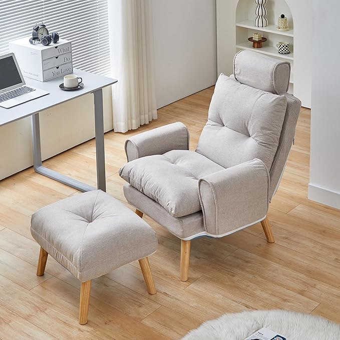 TUKAILAi Modern Accent Chair with Ottoman, Linen Fabric Upholstered Leisure Armchair with Adjustable Backrest, Comfy Lounge Sofa Chair with Footstool for Living Room Bedroom (Cream)