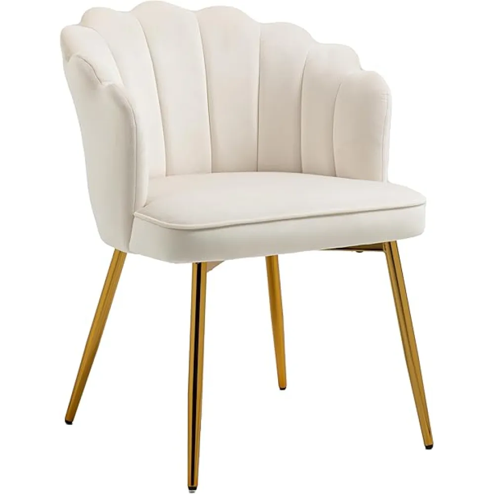 ZOBIDO Modern Velvet Chairs Comfy Upholstered Vanity Chairs for Bedroom Armchair Dining Chairs with Golden Metal Legs Petal Shape Back Vanity Desk Chair, for Women, for Kids, for Girls (White)