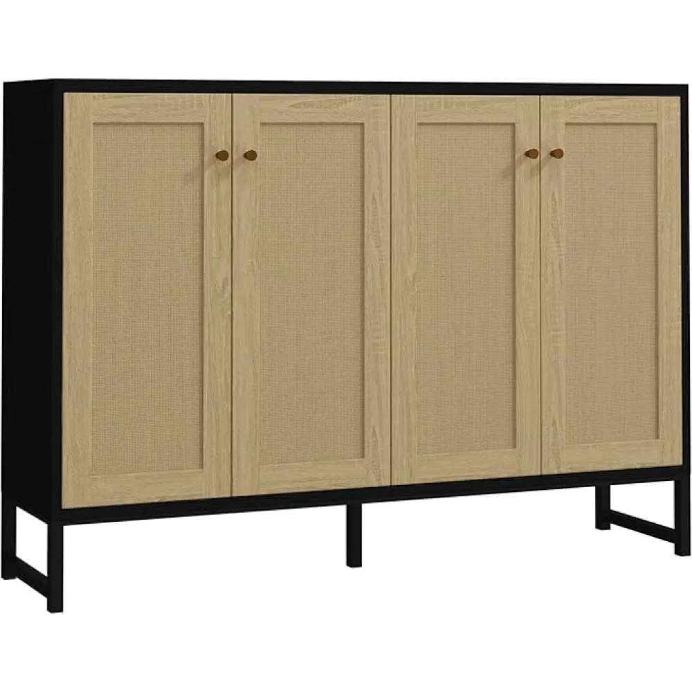 Panana Sideboard Accent Storage Cabinet with Rattan Decorated 4 Doors Dining Room Freestanding Kitchen Buffet Table Cupboard (Black)