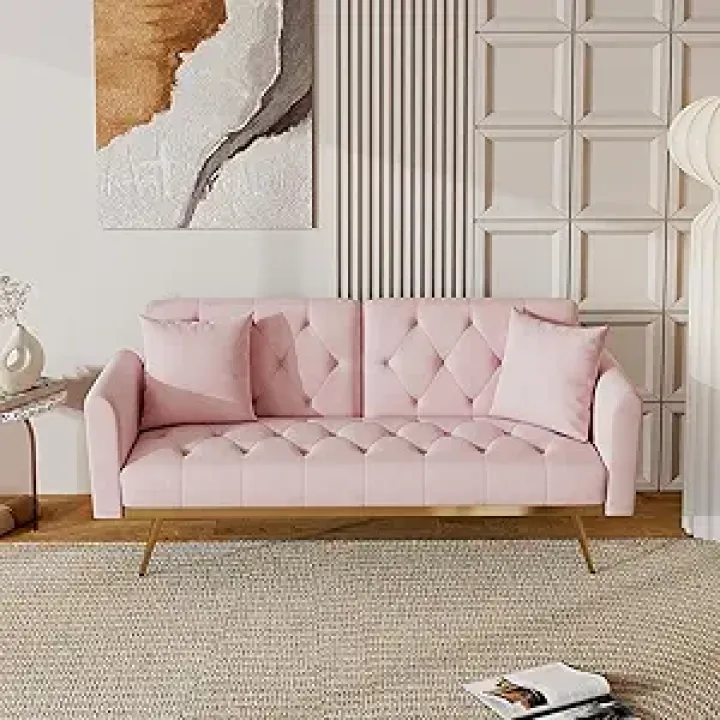 Modern Velvet 2 in 1 Futon Sofa Bed,Convertible Folding Sleeper Bed Couches with 2 Pillows,73" Tufted Recliner Love Seat with Golden Chrome Legs for Living Room Apartment Office (Light Pink-new)