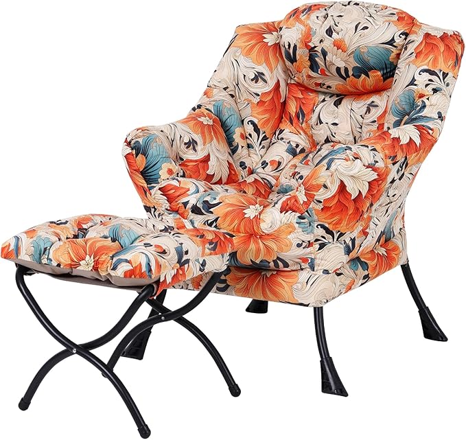 Welnow Lazy Chair with Ottoman, Modern Lounge Accent Chair with Armrests and a Side Pocket, Leisure Sofa Armchair Set, Reading Armchair with Footrest for Small Space, Orange Blue