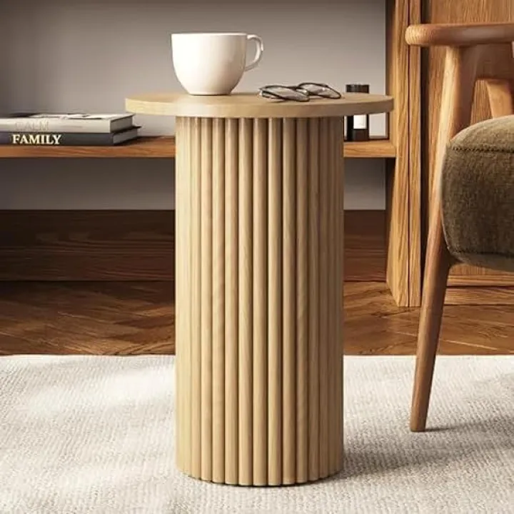 Round Fluted Drink Table - Modern Home, Bedroom, and Living Room Desk Furniture - Small Wooden Round End Table with a Solid Base and Wood Veneer Top (Natural Oak Finish)