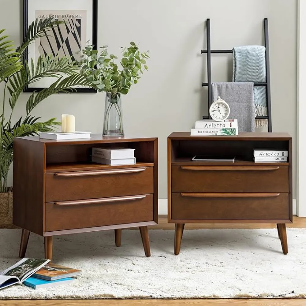 HULALA HOME Nightstand with Charging Station, Set of 2 Mid-Century Modern 2 Drawer and Open Shelf Dresser for Bedroom, Fluted Bedside Table, Walnut