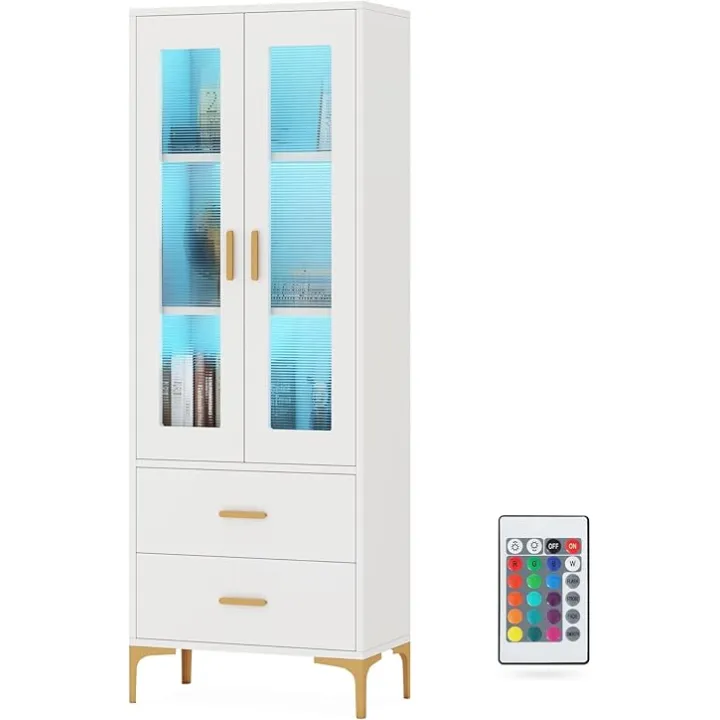 LITTLE TREE Bookcase with LED Light and Doors Bookshelf with Storage Drawers