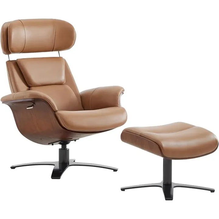 CHITA Genuine Leather Reclining Swivel Chair with Adjustable Headrest and Ottoman for Living Room, Saddle