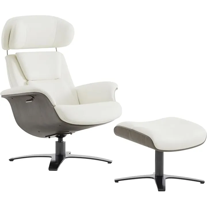 CHITA Genuine Leather Reclining Swivel Chair with Adjustable Headrest and Ottoman for Living Room, White