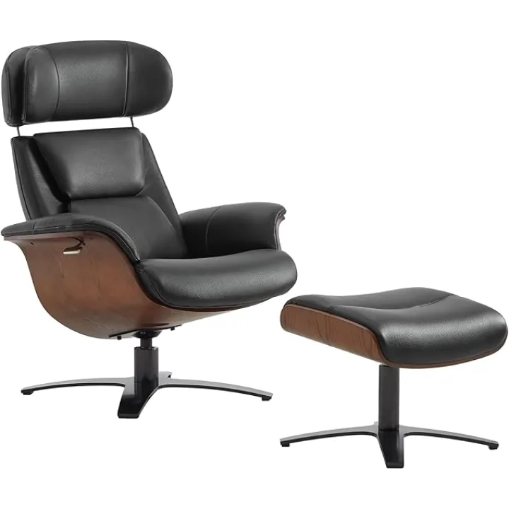 CHITA Genuine Leather Reclining Swivel Chair with Adjustable Headrest and Ottoman for Living Room, Black