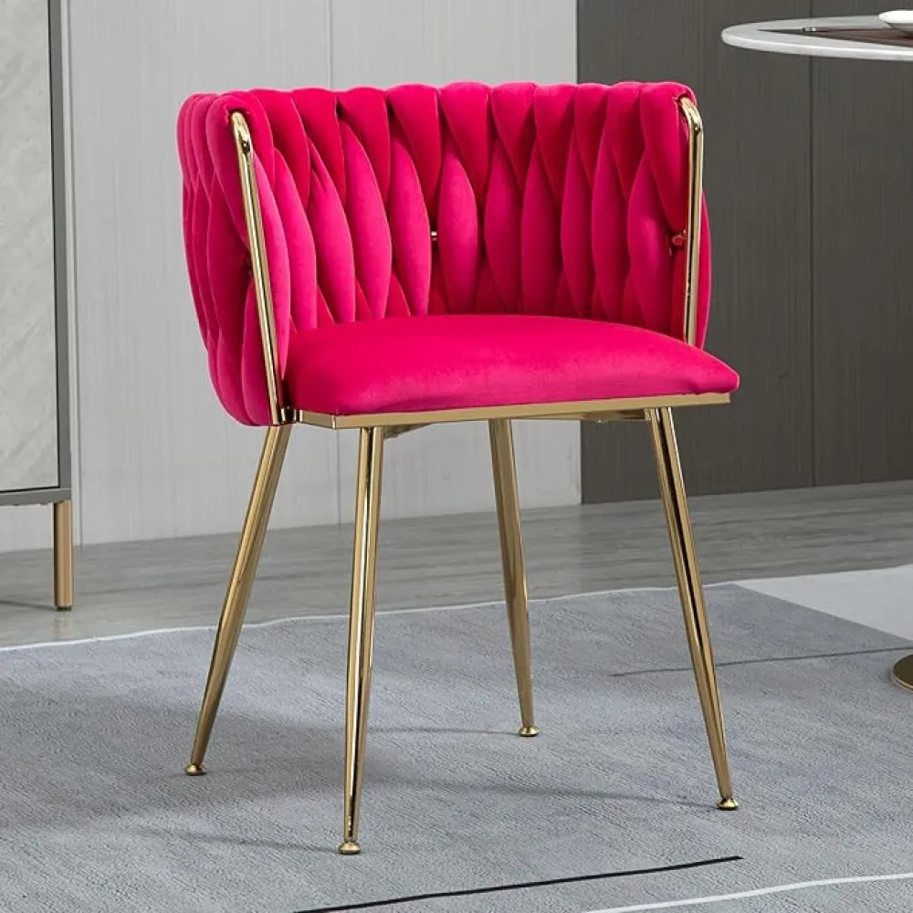 Velvet Dining Chairs Set of 2, Modern Upholstered Dining Room Chairs with Golden Metal Legs and Woven Backrest for Dining Room, Kitchen, Vanity, Living Room (Rose Red)