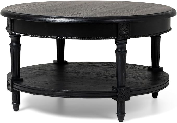 Maven Lane Pullman Large Curved 2 Tier Traditional Round Circle Wooden Center Coffee Table with Shelf Storage in Rustic Antiqued Black Finish