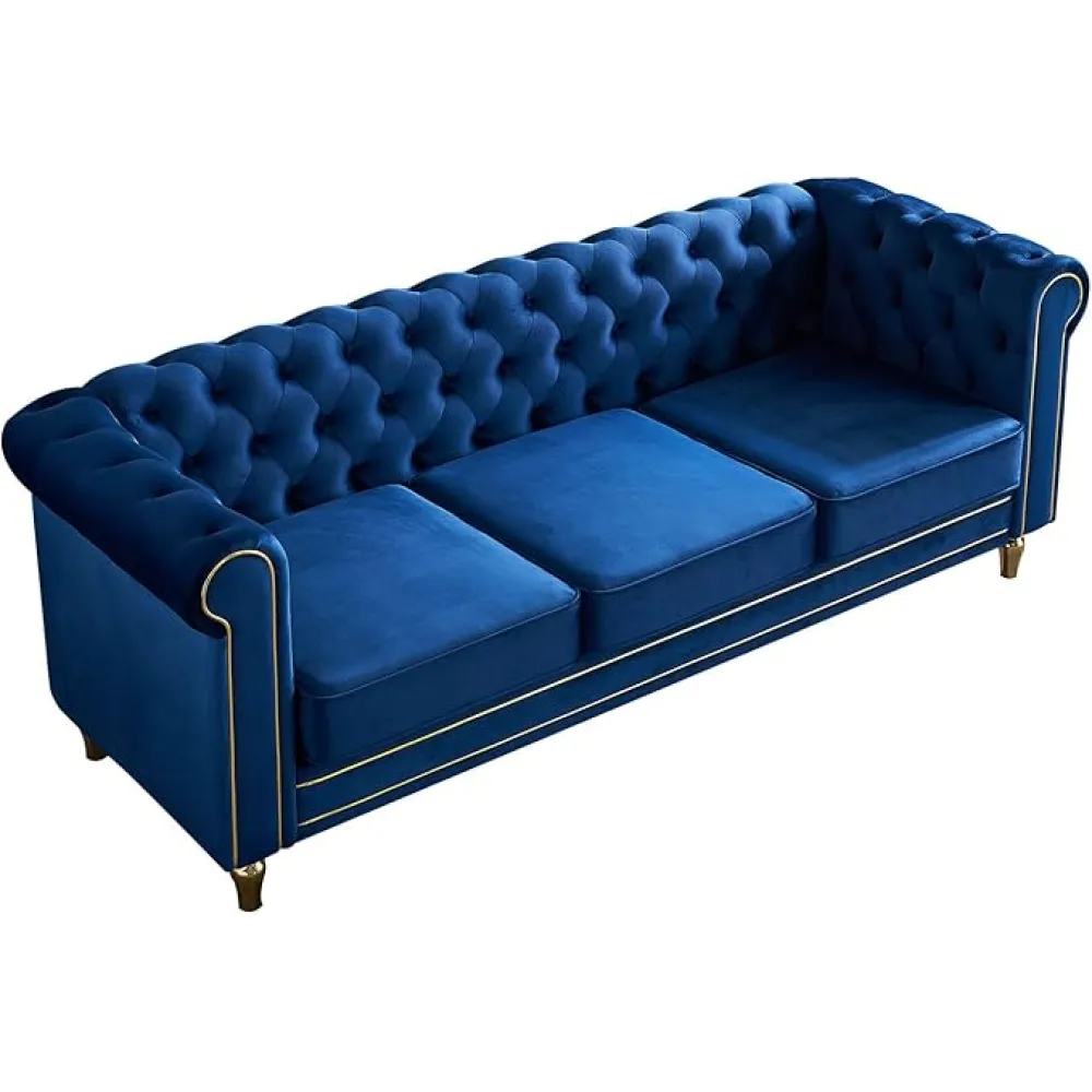 3 Seater Chesterfield Button Tufted Velvet Sofa, Wide Upholstered Couch with Rolled Arms Removable Cushions Metal Legs for Living Room Office Apartment (Blue), M7991499