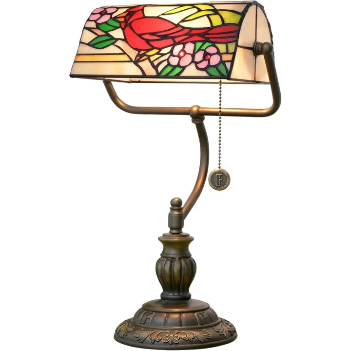 Northern Cardinal Bird Tiffany Bankers Desk Lamp Stained Glass Table Lamp Vintage Bedroom Bedside Office Study Pull Chain Reading Desk Light Gift Nightstand Aesthetic Antique Desklamp